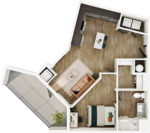 A2 floor plan diagram — 1 Bed · 1 Bath · 636 sq ft