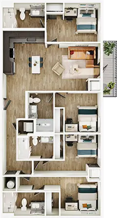 D6 floor plan diagram — 4 Bed · 4 Bath · 1,276–1,278 sq ft
