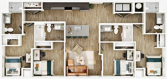 D7 floor plan diagram — 4 Bed · 4 Bath · 1,277–1,287 sq ft